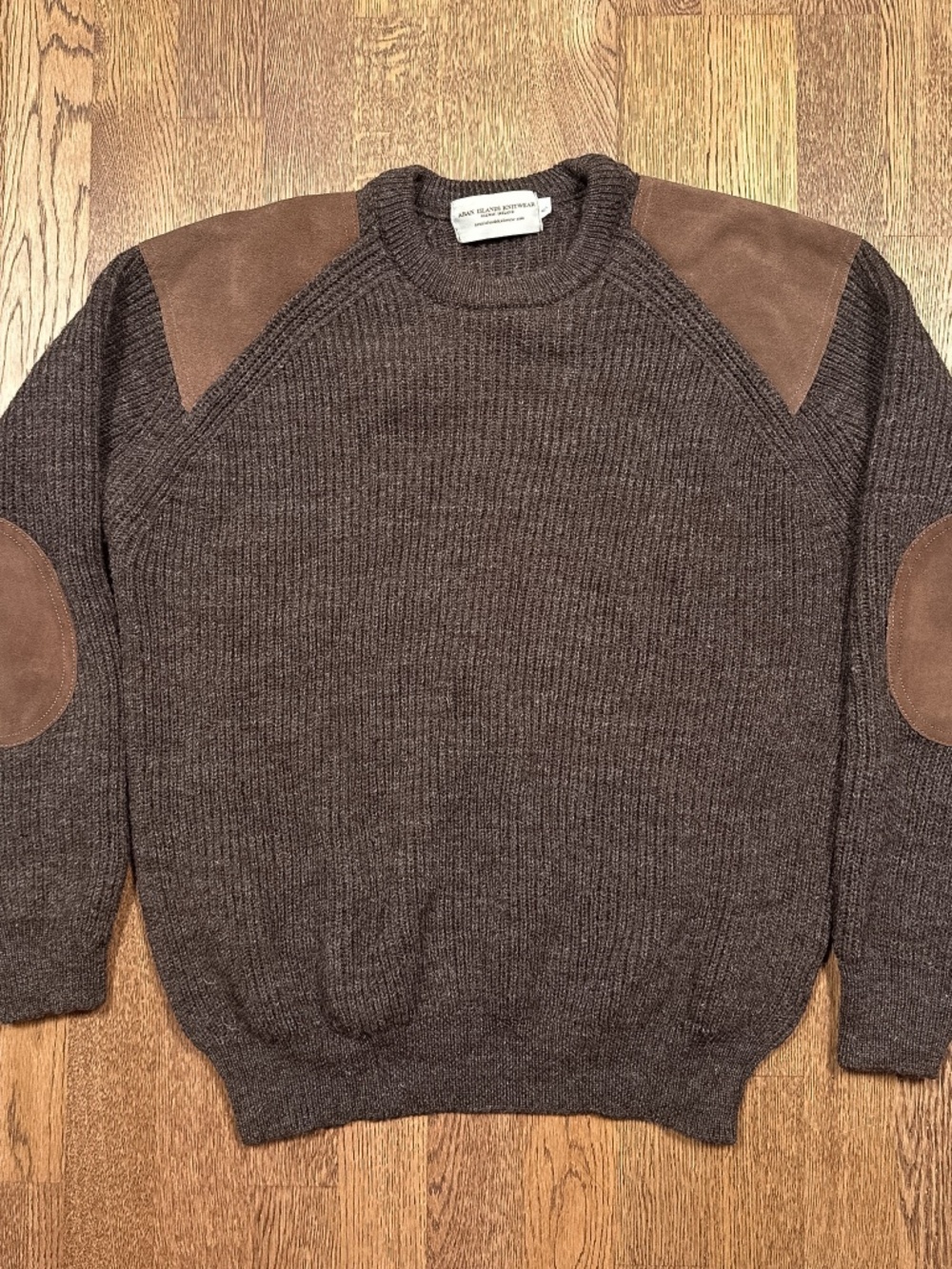 Aran Islands Wool Knit Woolly Pully Commando Suede Patch Sweater Mens Medium